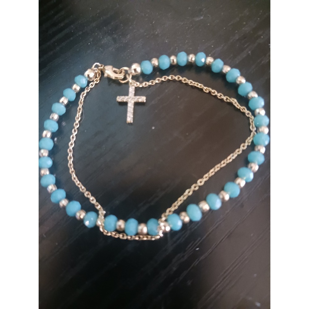 Turquoise Blue Beaded Double Strand Cross Charm Bracelet Gold Tone 7 Inch